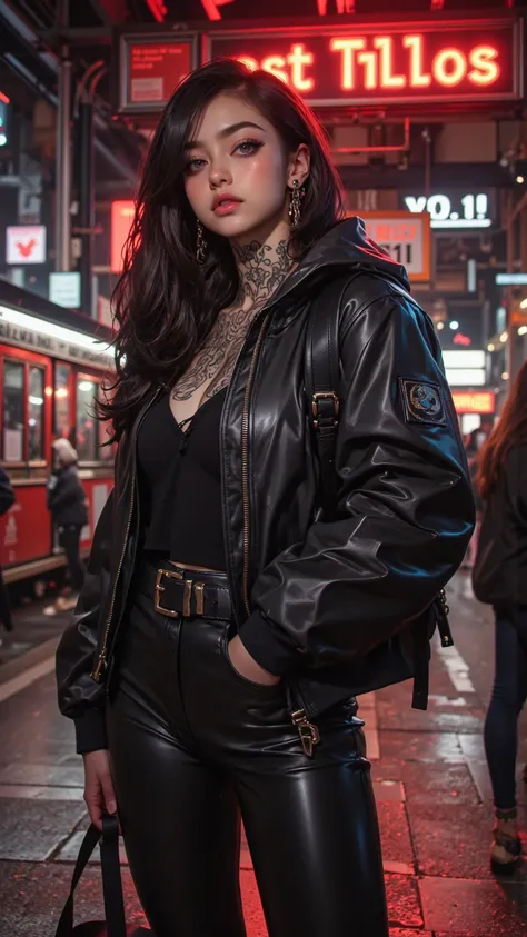 A cool girl，High Value 1.5，Fine Tailor 1.5，Sexy Lip Edge 1.0，full body shot，High realism， High detail， HD ，8K quality，Sharp Eye，looking_up , Dark Hair，short ponytail，type vest，Fit Black Leather Jacket，black leather pants，Black Backpack ， black leather boot...