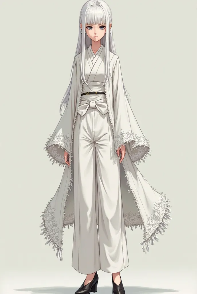 A slim, tall girl. Long white hair at the waist. Dark blue eyes. A long, white haori, the ends of which are floral, which stretch to the waist and then melt. Under the haori a tight white blouse and white wide pants. There is a belt on the pants. Black Hee...