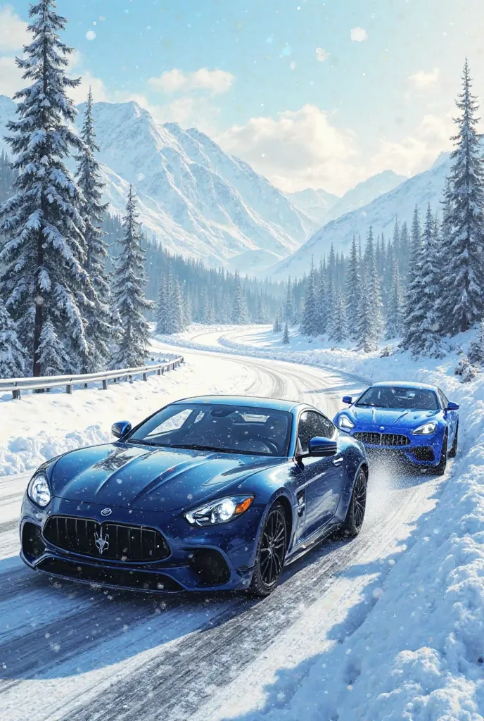 Draw me tore the track time of year the car's spring is coming to the finish line but instead of SOTS finish, one car is black blue the other is blue black both cars luxury cars in the back are always SOTS 