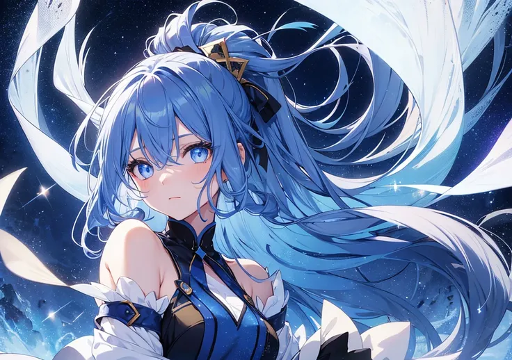 A girl with long midnight blue hair fluttering in the wind, tied in a silver ribbon that sparkles like stardust. The moonlight shines on her face, and her eyes are a deep blue and gold gradation. Her expression as she gazes into the distance is mysterious....