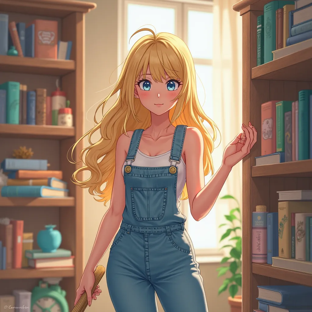 anime woman, long blonde hair, blue eyes, White tank top, blue denim overalls, toned arms, at home, indoors, holding small broom, cleaning bookshelves, standing, exposed armpits, anime cute, playful, doing chores, brooming the floor