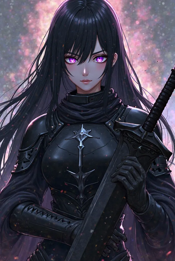 (maximum quality, best quality,  official art , beautiful and aesthetic:1.2) female anime, rebellious girl, serious and closed personality, black hair,  purple eyes,  fair skin, Armadura preta, Heavy Sword .
