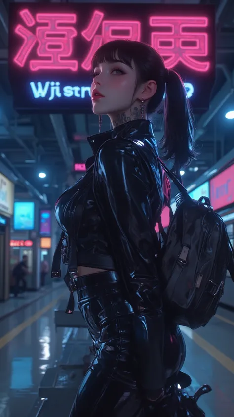 A cool girl，High Value 1.5，Fine Tailor 1.5，Sexy Lip Edge 1.0，full body shot，High realism， High detail， HD ，8K quality，Sharp Eye，looking_up , Dark Hair，short ponytail，type vest，Fit Black Leather Jacket，black leather pants，Black Backpack ， black leather boot...