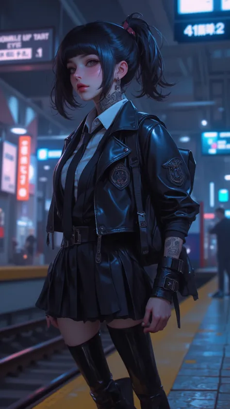 A cool girl，High Value 1.5，Fine Tailor 1.5，Sexy Lip Edge 1.0，full body shot，High realism， High detail， HD ，8K quality，Sharp Eye，looking_up , Dark Hair，short ponytail，type vest，Fit Black Leather Jacket，black leather pants，Black Backpack ， black leather boot...