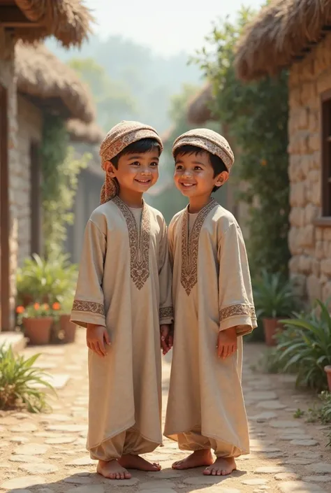 Prompt: Two young Muslim boys, around 8-, wearing traditional Islamic clothing. They are smiling and standing together as best friends in a village setting.