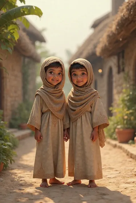 Prompt: Two young Muslim boys, around 8-, wearing traditional Islamic clothing. They are smiling and standing together as best friends in a village setting.