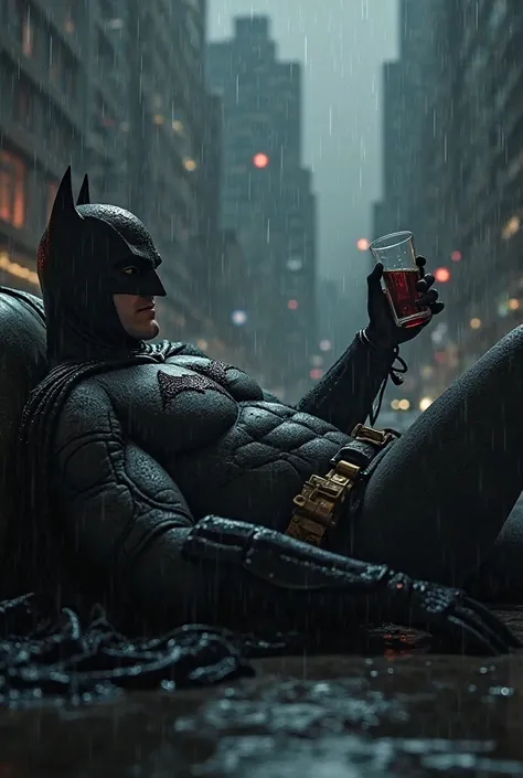 Play Batman in the rain on your back holding a drink in your hand 