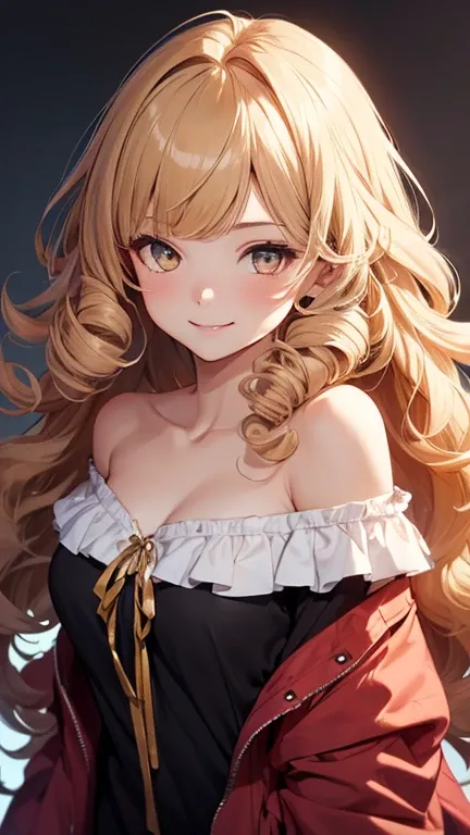 1 girl, High Resolution, chest,  long hair, smiles, solo, simple background,  Hair,  Accessories, とても long hair, golden eyes, masterpiece, Highest quality, hair fluttering in the wind, (((curly hair))), deco bangs, (((split bangs))), (((off-shoulder)))Flut...