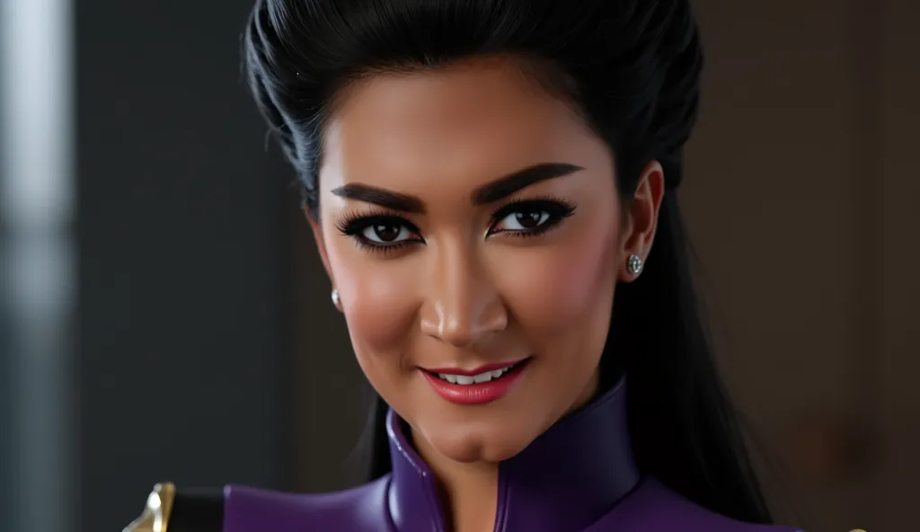 A close-up, cinematic, and realistic portrait of Valentina Allegra de Fontaine from Marvel, focusing on her face. She is a middle-aged woman with striking features, black hair styled neatly in a high updo, and a confident smirk. Her expression is full of i...