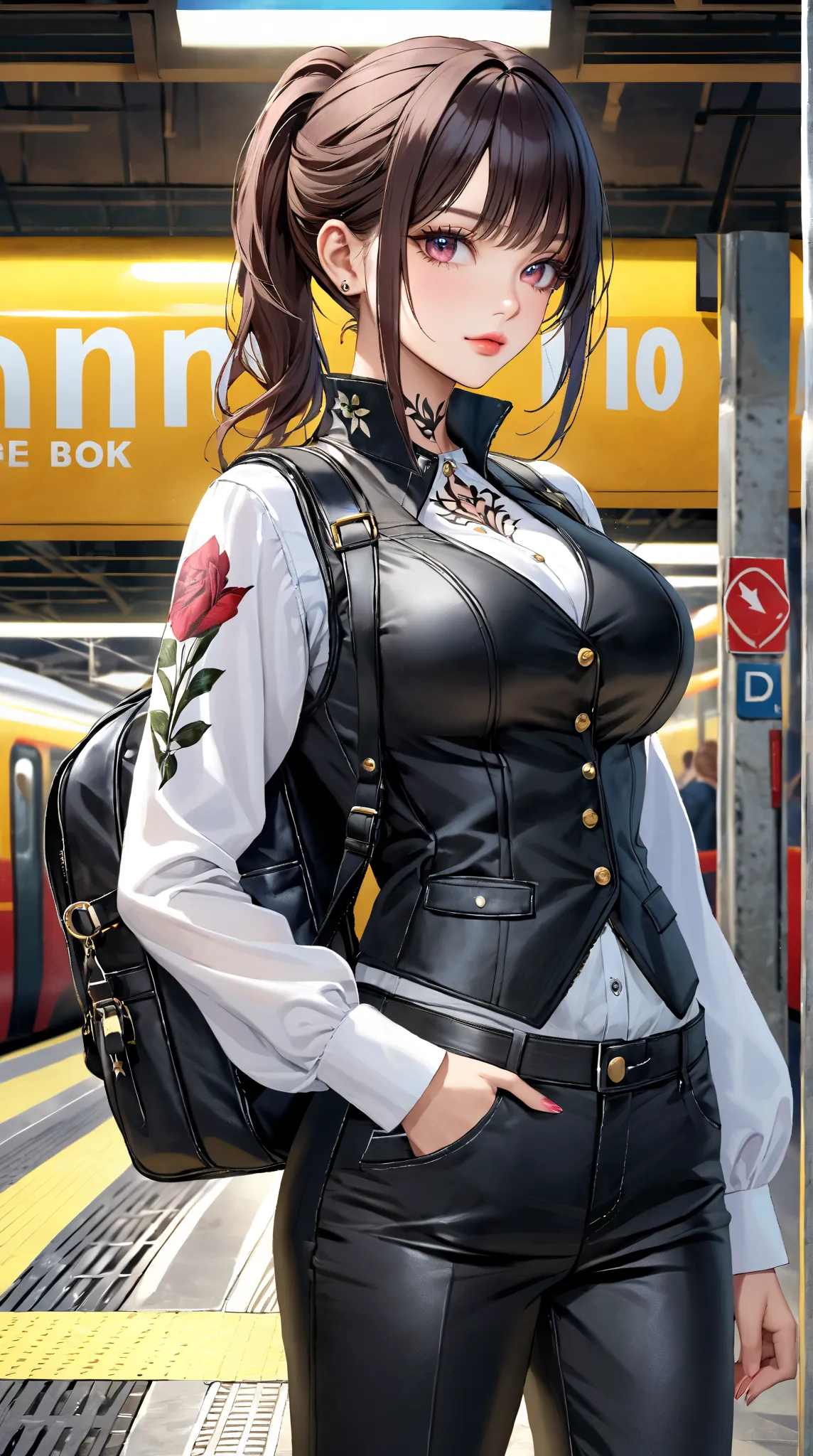 A cool girl，High Value 1.5，Fine Tailor 1.5，Sexy Lip Edge 1.0，full body shot，High realism， High detail， HD ，8K quality，Sharp Eye，looking_up , Dark Hair，short ponytail，type vest，Fit Black Leather Jacket，black leather pants，Black Backpack ， black leather boot...