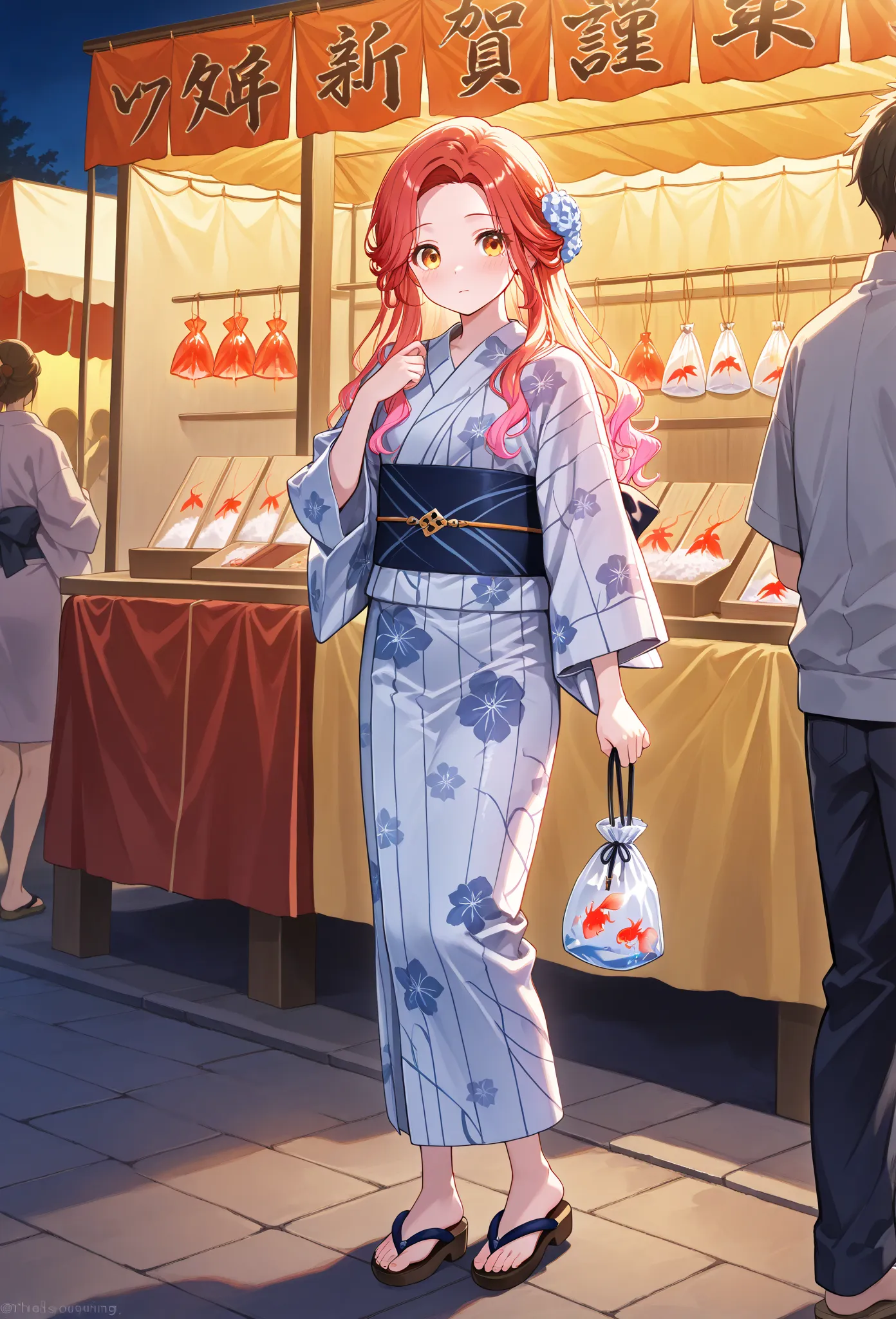    young  , color々 hairstyle,yukata,stall,Sandals,fair,holding food,Save the goldfish