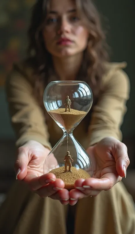 "An ultra-realistic, point-of-view (POV)-style image capturing the first-person perspective of [a woman] EM [holding an hourglass with small humans in place of sand, falling to the bottom of the hourglass]. The character's hands and part of the body are vi...