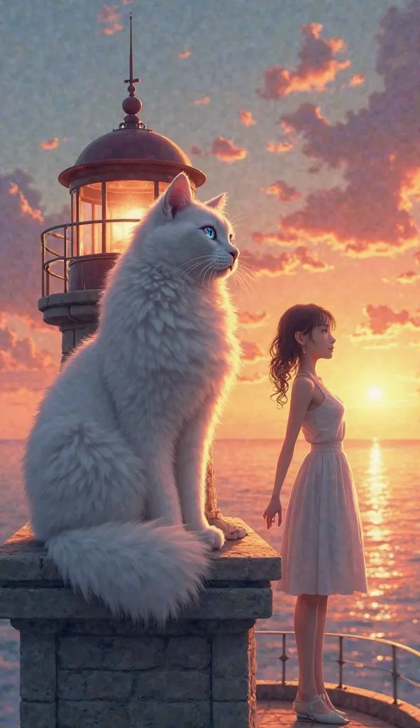 The white cat with blue eyes sitting at the top of the lighthouse, watching the sunrise over the calm sea. The woman stands beside it, both looking content. Style: realistic