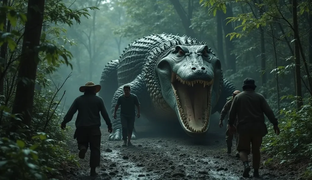 A cinematic photo of a colossal, gigantic crocodile chasing multiple people through a dark, eerie forest. The crocodile is massive, with its jaws wide open, revealing sharp teeth. The people are wearing clothes and have panicked expressions. The forest is ...