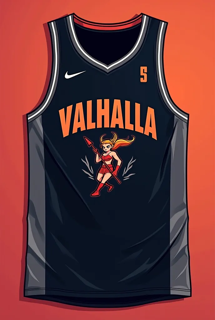 Make me a cartoon panel image, a black tank top of a basketball team with gray details , And the name of the team Valhalla , with a valkyrie holding a spear as a minimalist symbol 