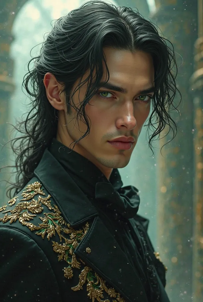 sexy man with long dark hair, luxury clothes, green eyes, manhwa, fantasy, cinematic