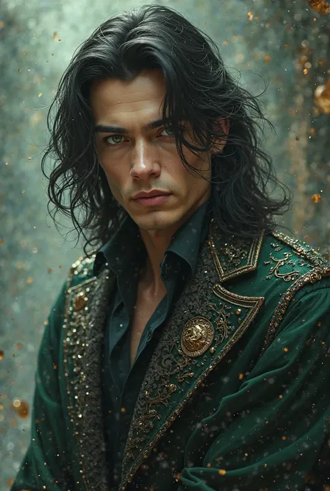 sexy man with long dark hair, luxury clothes, green eyes, manhwa, fantasy, cinematic