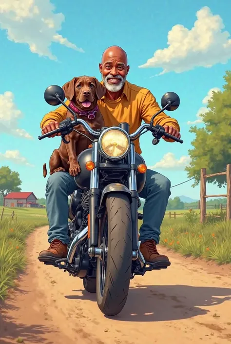 New school cartoon of a 58 year old bald large build African American light brown male with dimples with a slit smile with a salt and pepper light shadow beard riding an old school shovelhead black chopper with his toddler African American light brown gran...