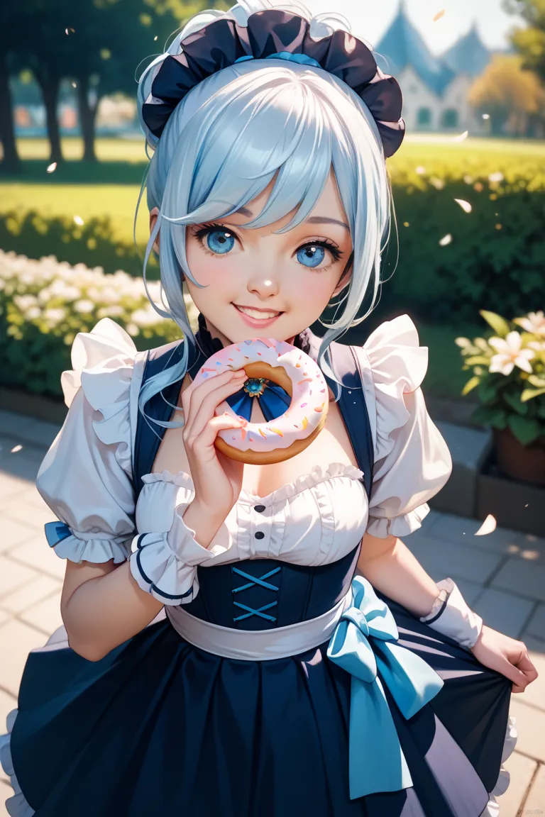 A cute woman who wants to protect Japan,  Her mouth is wide open and smiling , I'm holding a donut in my hand. My eyes are shining beautifully detailed,  her skin is glowing . That scene is in the park , blurry background, is wearing a frilly blouse and sk...