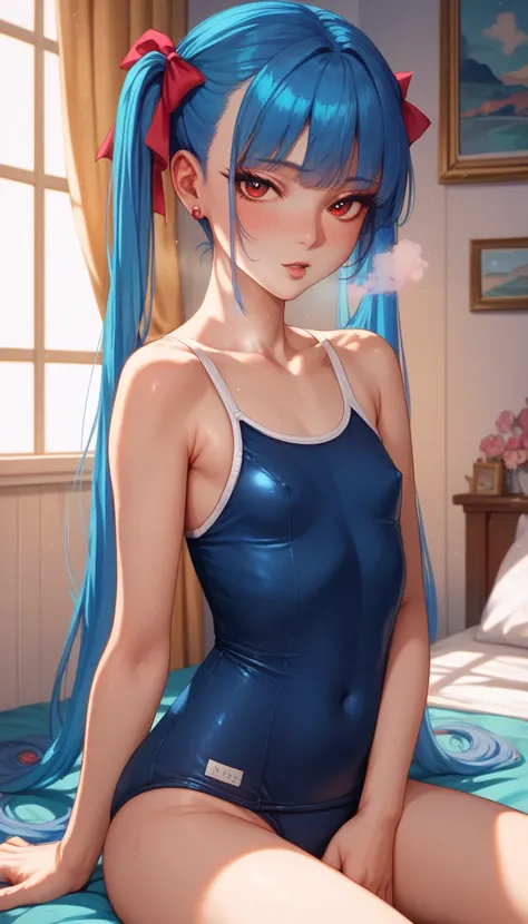  1girl ,(masterpiece),( beautifully like the official one),Miyu Takamine,Blue hair twintails,Red Eye,(school swimsuit),breath,bedroom,