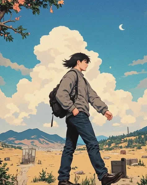 high resolution, rich contrast, best quality, anime style, Yossan , 1boy , Alone, full body
BREAK
(Walking in the Wind), Traveler, (wind), Vast land, One person,  comments, Food,  desert, blue sky, windに舞う砂, Sadness 