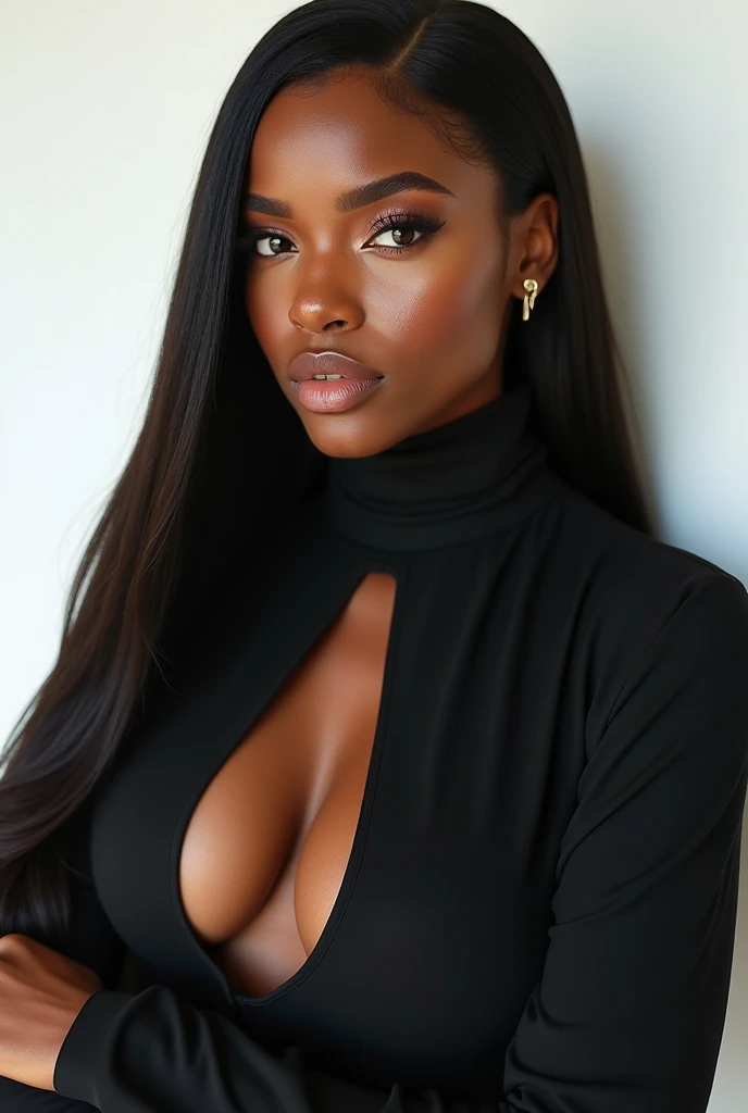 A close up half realistic image of a beautiful Nigerian size 14 woman Melanin skin,wearing a turtle neck white top with sleeves,with a flawless makeup,with a bone straight human hair 30 inches,wearing an high heel shoes, in a white background