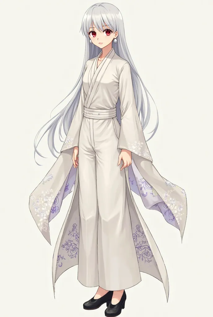 A slim, tall girl. Long white hair at the waist, Sideways bangs. Red eyeswithout pupils.  A long, white haori, the ends of which are floral, which stretch to the waist and then melt. Under the haori a tight white blouse and white wide pants. There is a bel...