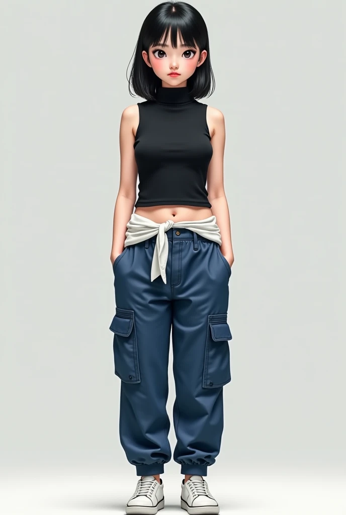 a 25-year-old Asian girl, medium black hair,  eyes black,  with a serious look, like a sleeveless, turtleneck short black top garment, an unfastened white shirt, wearing blue cargo pants and white shoes, full body, realistic