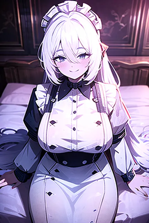 A woman with white hair tied back, long hair, large breasts, wearing a maid outfit, smiling wickedly, is sitting on the edge of the bed.