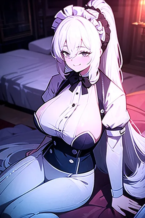 A woman with white hair tied back, long hair, large breasts, wearing a maid outfit, smiling wickedly, is sitting on the edge of the bed.