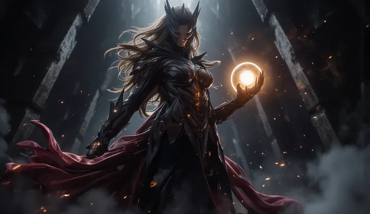 A dramatic, dark fantasy scene featuring a powerful female figure holding a glowing orb in a dramatic pose. the image also shows dramatic lighting and a dark, smoky background.