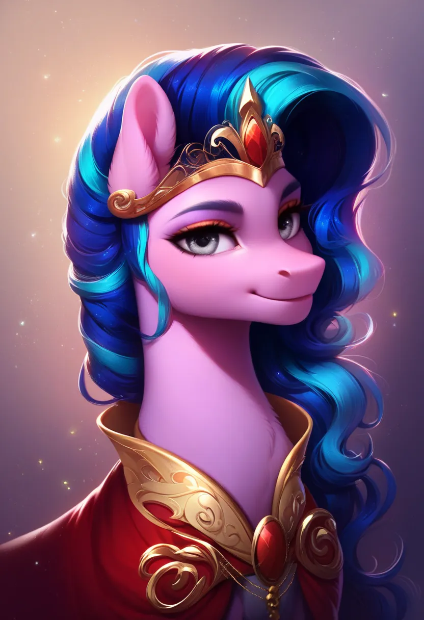 Male Pony, white Body, dark blue hair, Gray eyes, Smiling, wearing gold crown and gold body straps