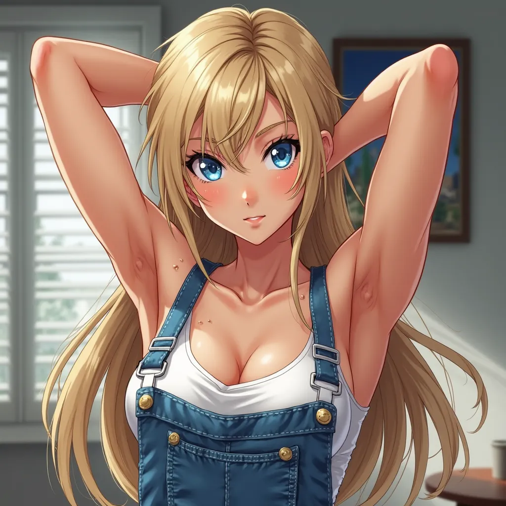 anime woman, long blonde hair, blue eyes, White tank top, blue denim overalls, toned arms, at home, indoors, both arms raised, hair behind shoulders, hands above head, exposed armpits, showing off armpits, closeup of armpits, rough armpits, sweaty armpits,...