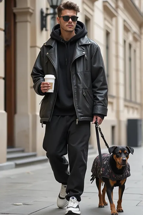 The picture shows a young man walking on an urban street while holding a cup of hot drink in his hand, wearing casual and elegant clothes that tend to the “techno-minimal” style or” Modern street wear. His clothes consist of:
	• Wide black leather jacket
 ...