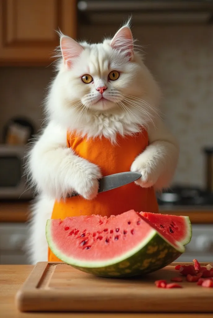 "The fluffy white Persian cat, still wearing its orange apron, is in the same cozy kitchen from before. The cat stands on a wooden counter, holding a small knife with its paws, carefully cutting a large watermelon. The juicy red fruit is spread across a wo...