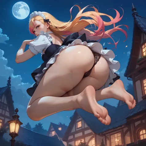 anime woman maid night, random light color and random color hair, long hair, full body, panties, lingerie in perspective(((ass in the air)))