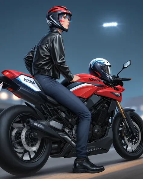 Young man riding a black sport bike、black jacket with jeans、Black shoes、Take off your full-face helmet and look at the sky