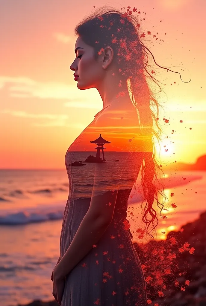 high quality, 8K Ultra HD, A beautiful double exposure that combines an goddess silhouette with sunset coast, sunset coast should serve as the underlying backdrop, with its details incorporated into the goddess , crisp lines, The background is monochrome, ...