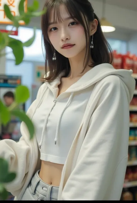 This is a candid shot of a 22-year-old young Korean woman with two branches,   wearing a white t-shirt and light gray leggings, Cover your pants slightly with a hoodie, Awaiting payment at a convenience store counter