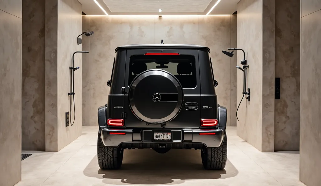 A back view of 2026 Mercedes AMG G 63 GronocEVO S p 900 in the shower room 