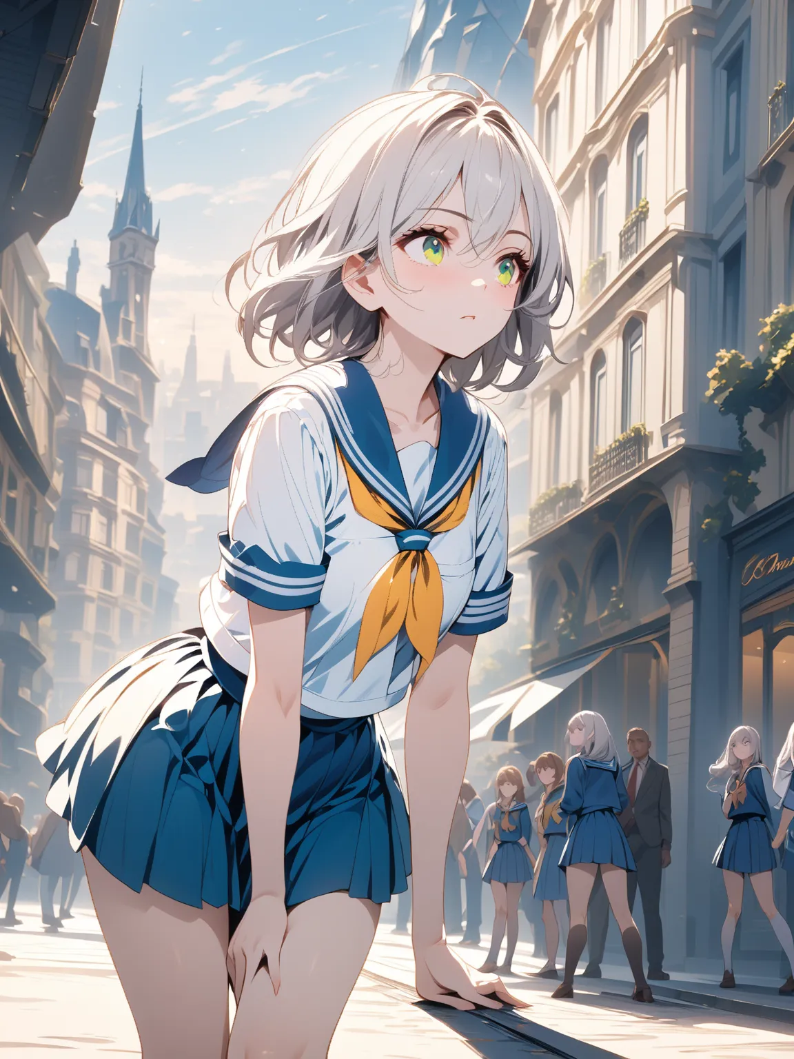 Sailor suit summer uniform, medium silver hair,  girl with green eyes, Alone, French cityscape in the background,  alert ,  knee shot, corruption, miniskirt,  (NSFW),