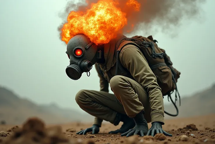 A bony creature wearing a gas mask with an atomic explosion on its head in place of her hair is squatting in a canvas jumpsuit
