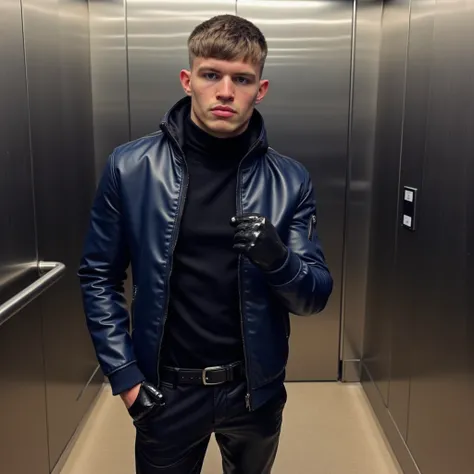 a pakistan man muscles 27 years beautiful cute white skin and black hair and black cotton pullover neck shirt full and black and leather dark blue shining jacket and black shining  fitting trouser and black latex boots full outfits in a elevator to take se...