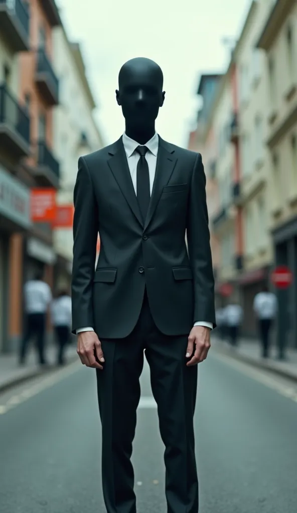 A man just shows off his headless suit on a blurry street. 