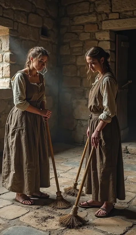 "Create an image of a rustic medieval room where two women are cleaning the stone floor. The women are dressed in simple, slightly worn medieval attire, with their hands working diligently as they scrub the floor with wooden brushes and cloths. The room ha...