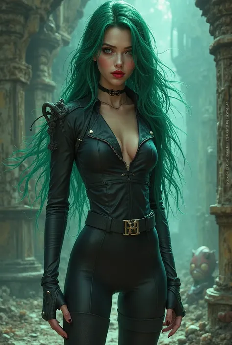 sexy girl with long green hair, navy eyes, red lips, dark slim clothes, manhwa, fantasy, cinematic