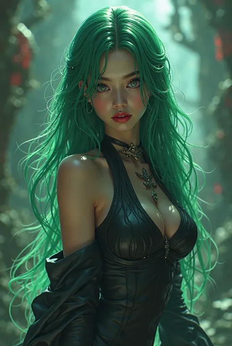 sexy girl with long green hair, navy eyes, red lips, dark slim clothes, manhwa, fantasy, cinematic