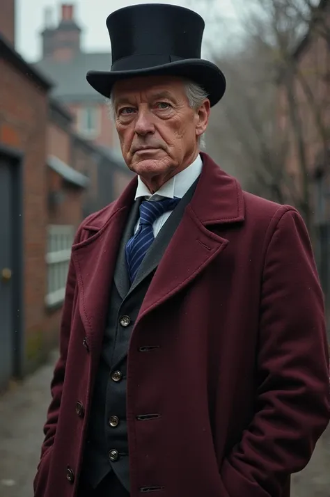 Alex Ferguson, wearing a burgundy coat, silk shirt , blue tie, has Victorian top hat,  very detailed,  High definition ,  main part , best quality,  complex details,   very detailed , sharp focus,  detailed skin, texture de pele realista, texture,  detaile...