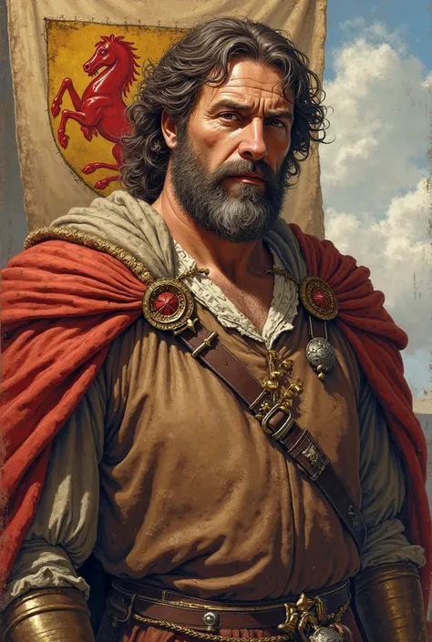 A realistic medieval fantasy portrait of a noble man of 50. He is heavy-set. He has brown eyes, coarse brown hair and thick shoulders and arms. He wears a brown woolen tunic embroidered with a red stallion
On the background a banner. On the banner his coat...