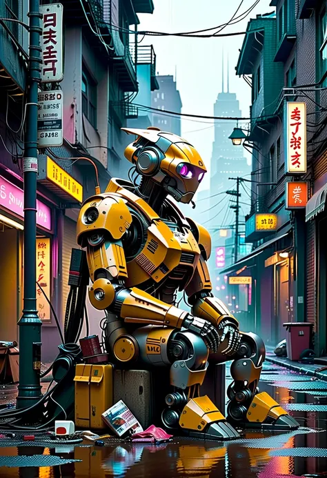 A realistic image of a futuristic abandoned cyberpunk-style city, with a lot of trash on the streets, smoke, and a dark, rainy day. Sitting against a streetlamp is a deactivated robot, whose parts were once painted white but are now all dirty, rusted, with...